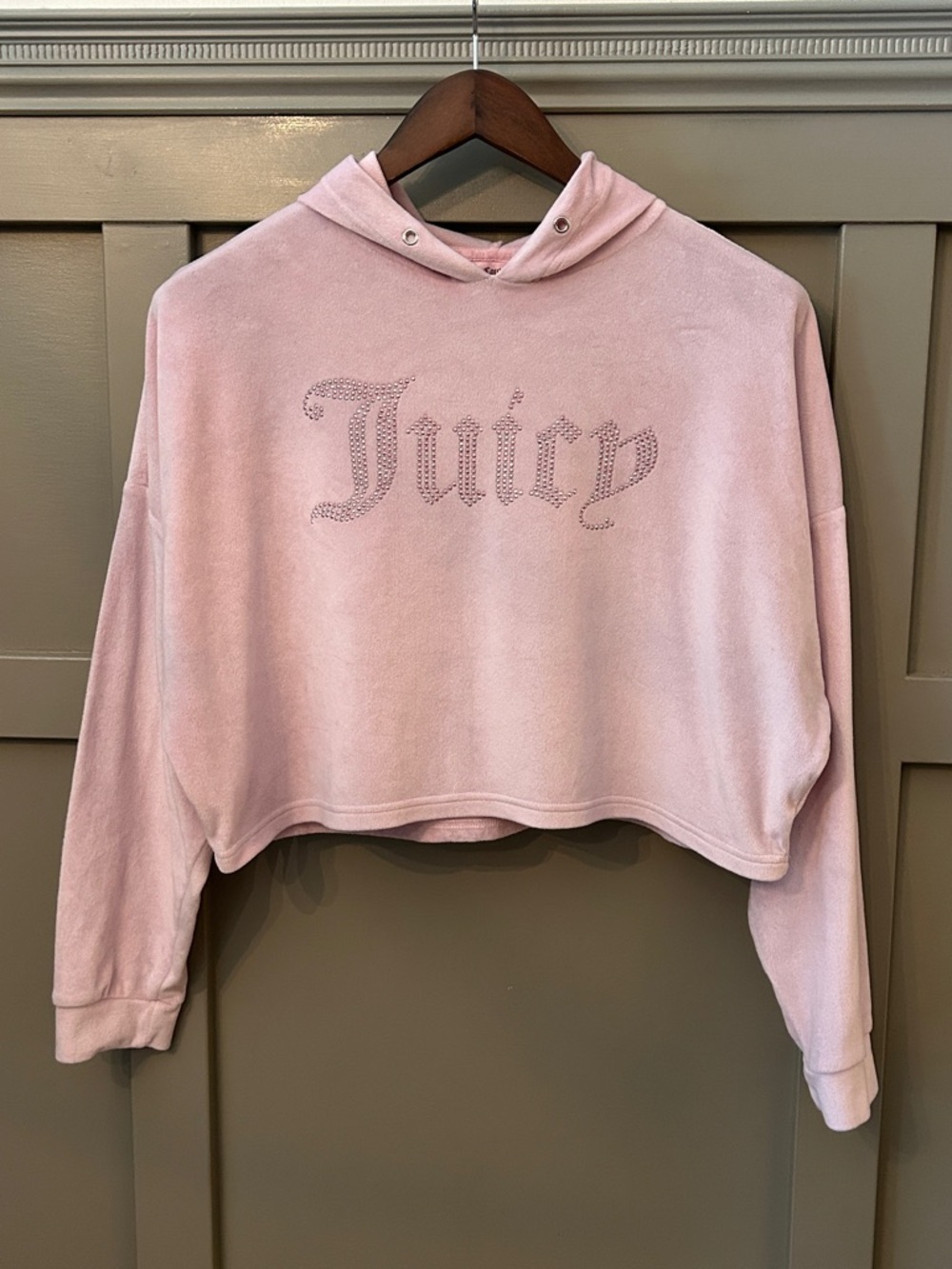 Juicy Couture Rhinestone Logo Velour Cropped Hoodie Light Pink Size Large